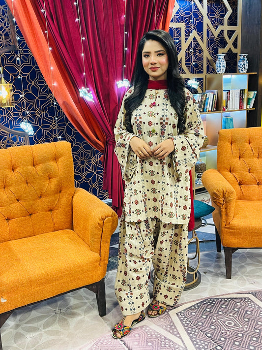 Printed 2PC Beige Shalwar Kameez – Dorya Fabric